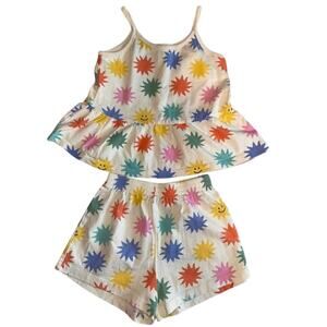 Hanna Andersson Girls Sun Smiley Face Summer Peplum Tank & Shorts Set Size 6-7